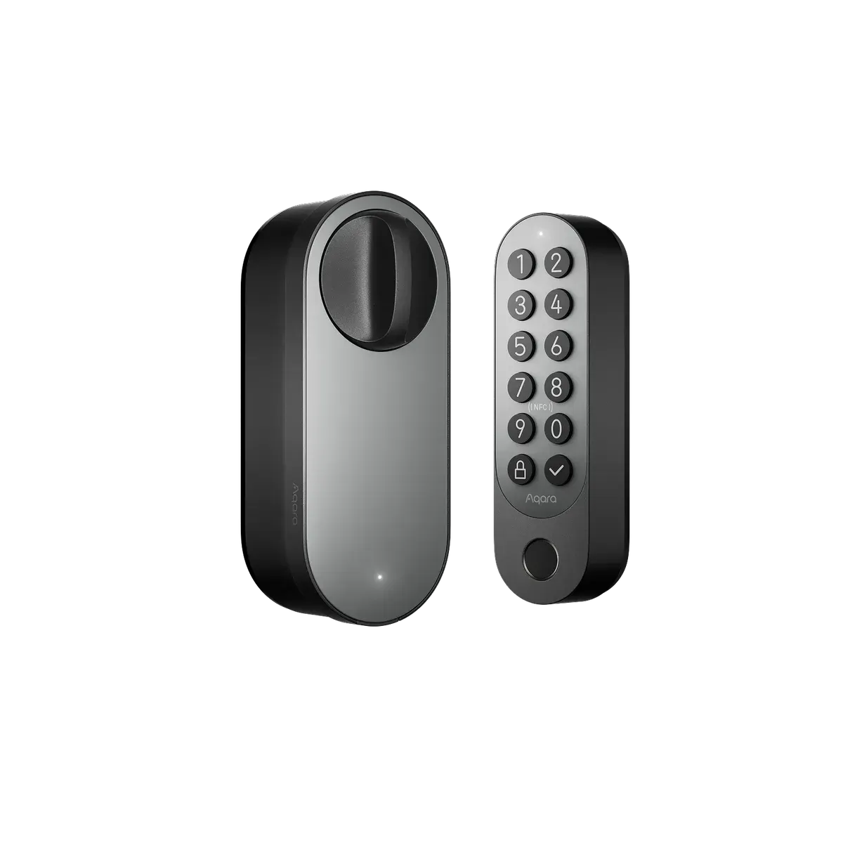 Moteur Aqara U200 noir et son pavé à empreinte avec clavier numérique