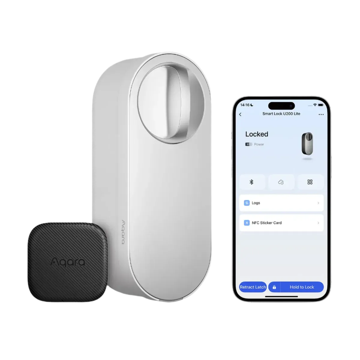 Serrure connectée Aqara U200 Lite blanche, son autocollant NFC noir et l'application ouverte sur un téléphone