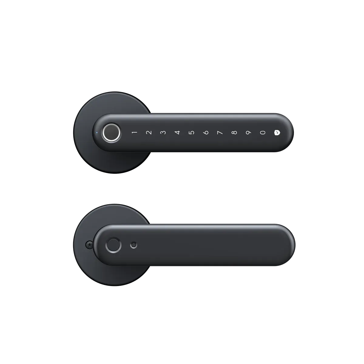 Poignée connectée eufy Smart Lock C32 noire, face extérieure avec capteur d'empreinte et clavier, face intérieure en dessous