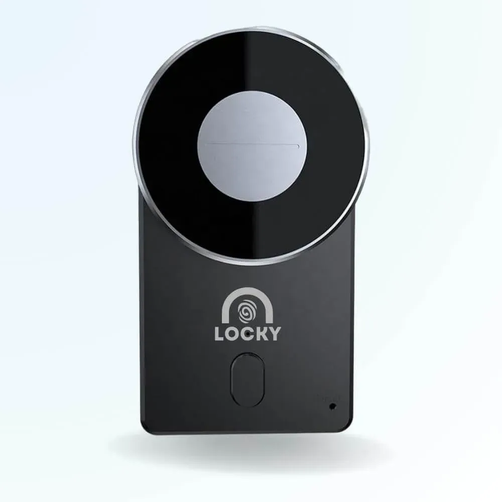 Locky-4 Smart Lock 2.0, boîtier noir avec sa molette ronde argentée et le logo Locky