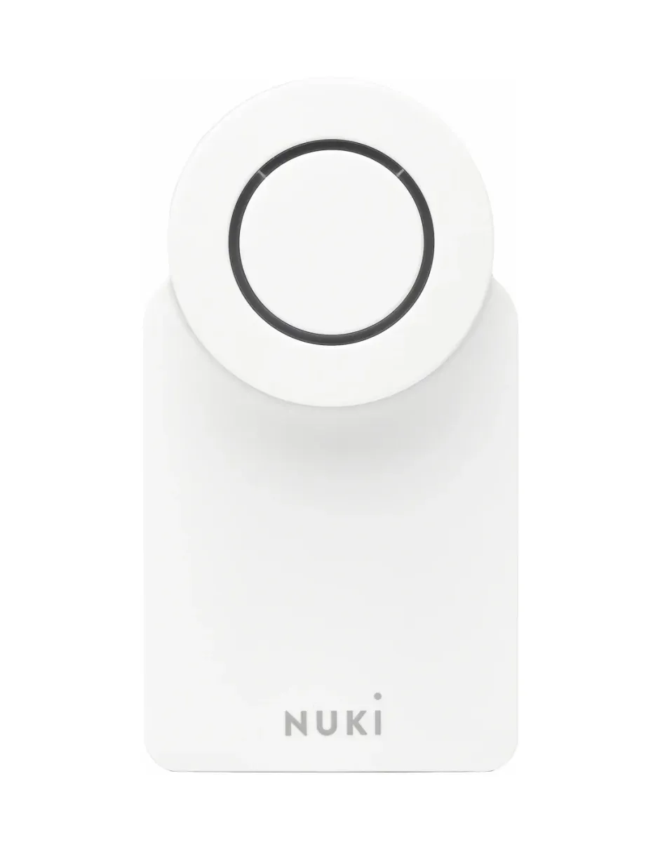 Nuki Smart Lock (4e génération), boîtier blanc vu de face avec son bouton rond cerclé de gris