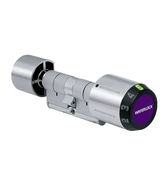 Cylindre connecté Waferlock C760 nickelé, bouton extérieur violet cerclé de chiffres et bouton intérieur à ailettes