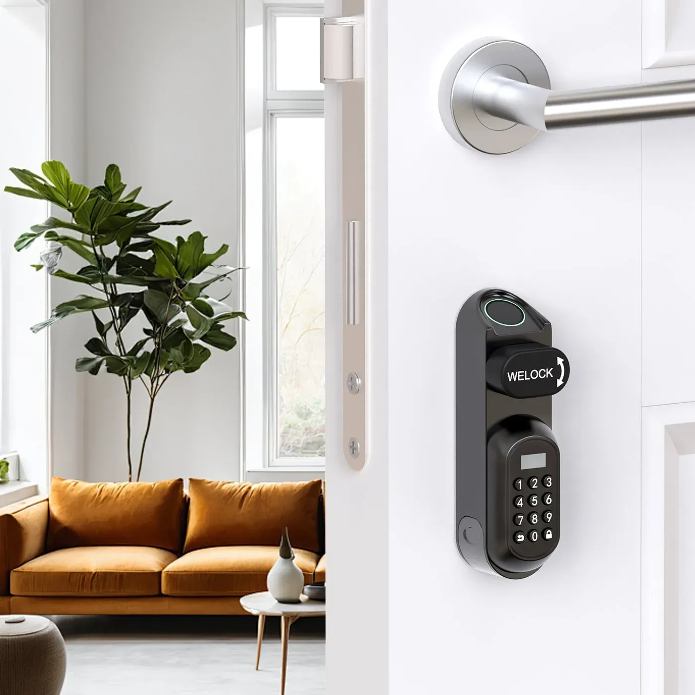 Welock U81 posé sur une porte blanche, clavier et lecteur d'empreinte sous la poignée