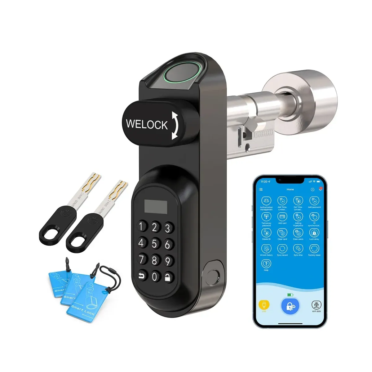 Cylindre connecté Welock U81 noir avec lecteur d'empreinte et clavier, ses deux clés, trois badges et l'application
