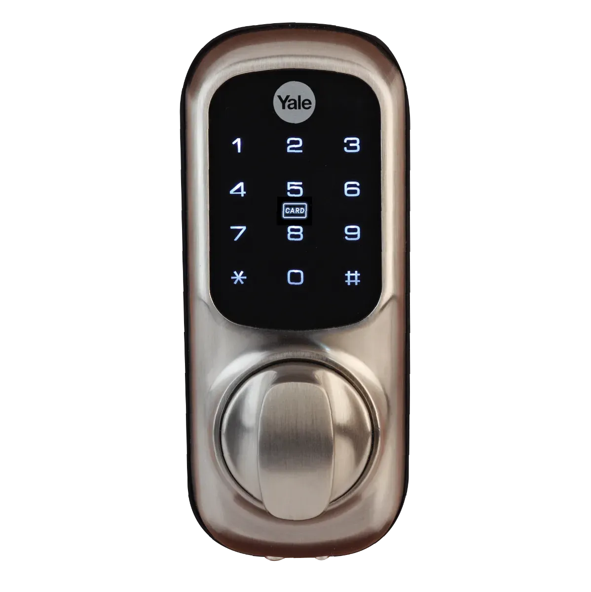Yale Smart Living YD-01, clavier tactile rétroéclairé au-dessus de la manette, façade métal satiné